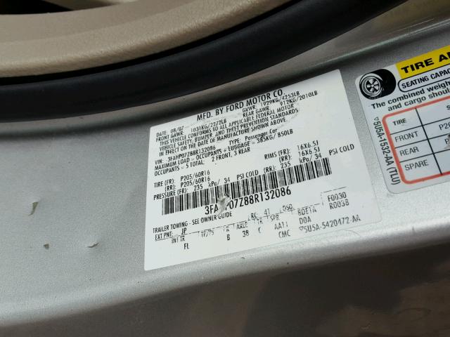 3FAHP07Z88R132086 - 2008 FORD FUSION SE SILVER photo 10