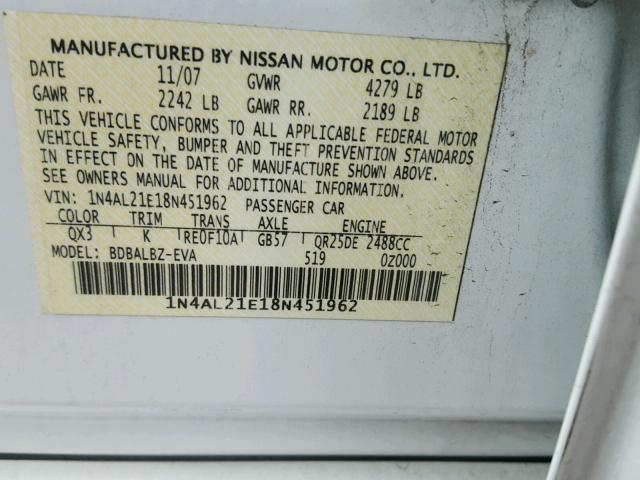 1N4AL21E18N451962 - 2008 NISSAN ALTIMA 2.5 WHITE photo 10