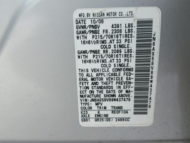 JN8AS58V89W437478 - 2009 NISSAN ROGUE S SILVER photo 10