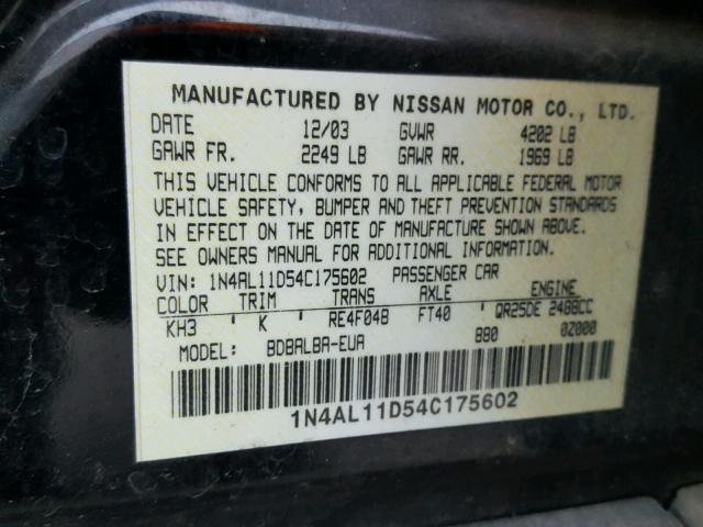 1N4AL11D54C175602 - 2004 NISSAN ALTIMA BAS BLACK photo 10