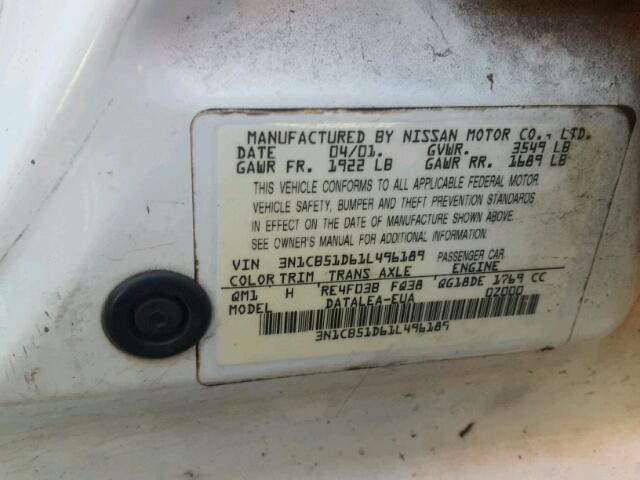 3N1CB51D61L496189 - 2001 NISSAN SENTRA XE WHITE photo 10