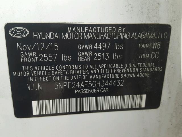 5NPE24AF5GH344432 - 2016 HYUNDAI SONATA SE WHITE photo 10