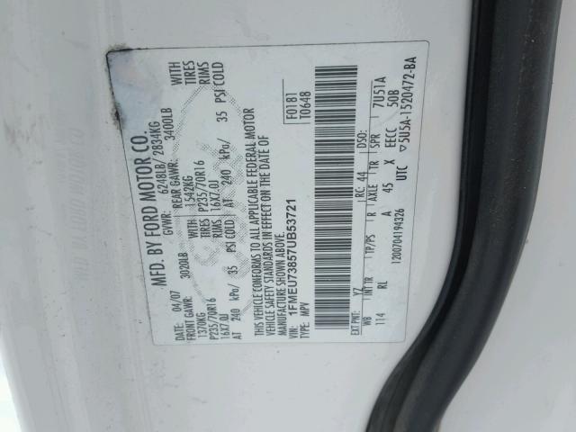 1FMEU73857UB53721 - 2007 FORD EXPLORER X WHITE photo 10