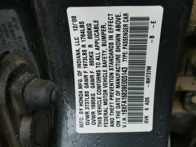 19XFA16839E005143 - 2009 HONDA CIVIC EX CHARCOAL photo 10