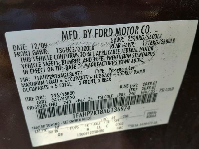 1FAHP2KT8AG136974 - 2010 FORD TAURUS SHO BROWN photo 10