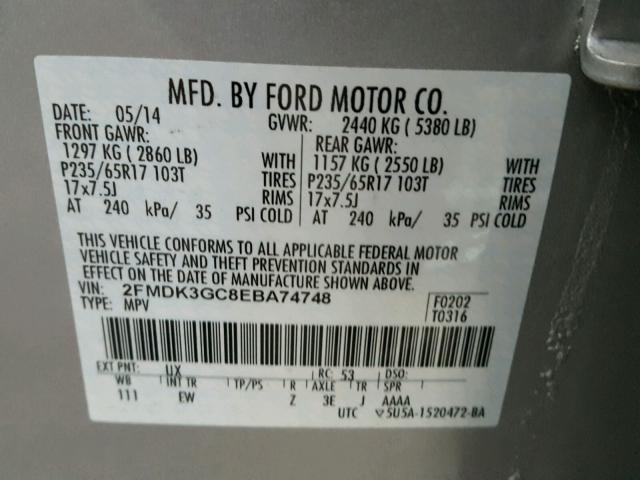 2FMDK3GC8EBA74748 - 2014 FORD EDGE SE SILVER photo 10