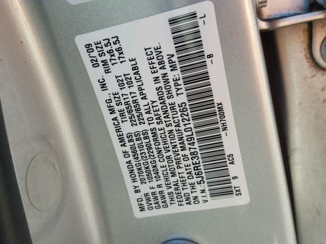 5J6RE38749L012265 - 2009 HONDA CR-V EXL SILVER photo 10