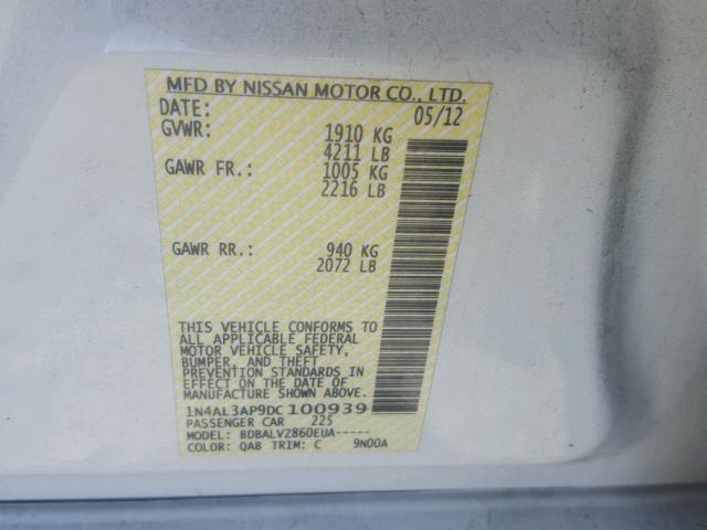 1N4AL3AP9DC100939 - 2013 NISSAN ALTIMA 2.5 WHITE photo 10