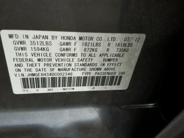 JHMGE8H34DC002348 - 2013 HONDA FIT GRAY photo 10