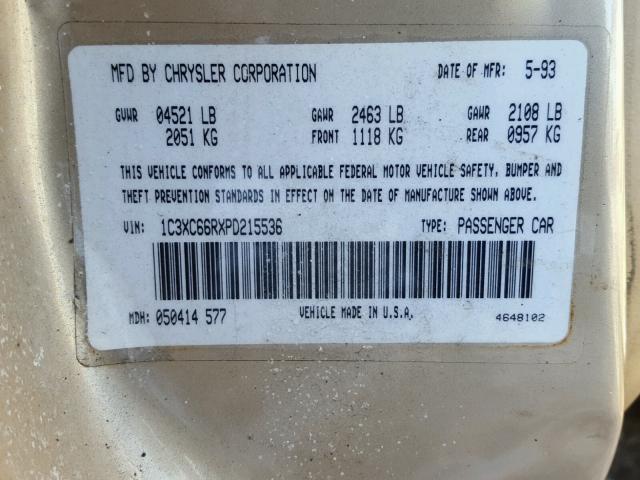 1C3XC66RXPD215536 - 1993 CHRYSLER NEW YORKER 金色 照片 10
