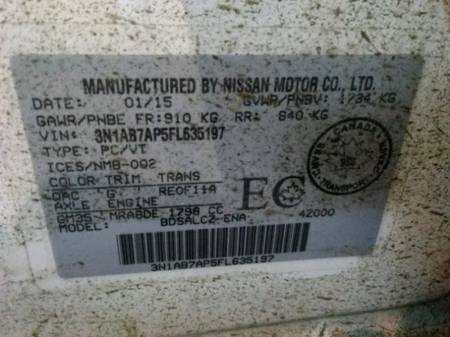 3N1AB7AP5FL635197 - 2015 NISSAN SENTRA S WHITE photo 10