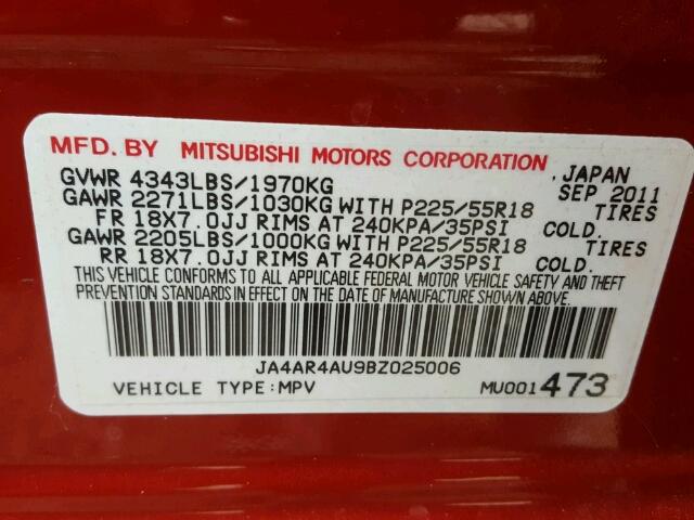 JA4AR4AU9BZ025006 - 2011 MITSUBISHI OUTLANDER RED photo 10