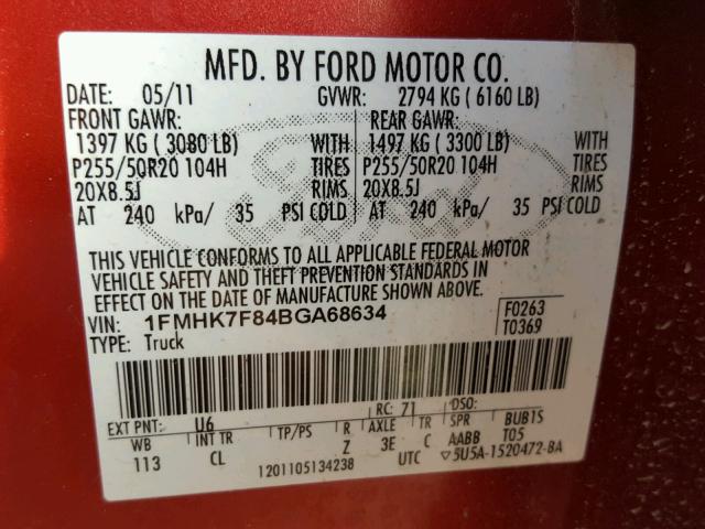 1FMHK7F84BGA68634 - 2011 FORD EXPLORER L RED photo 10