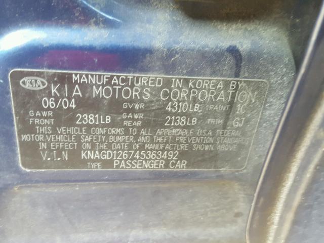 KNAGD126745363492 - 2004 KIA OPTIMA LX BLUE photo 10