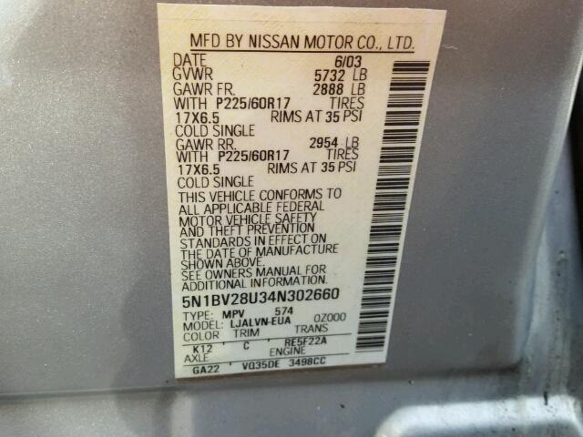 5N1BV28U34N302660 - 2004 NISSAN QUEST S SILVER photo 10