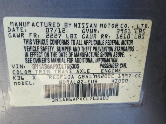 3N1AB6APXCL765305 - 2012 NISSAN SENTRA 2.0 SILVER photo 10