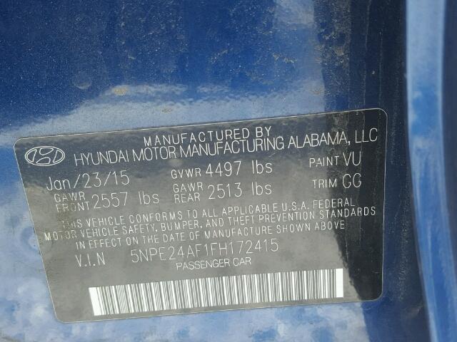 5NPE24AF1FH172415 - 2015 HYUNDAI SONATA SE BLUE photo 10