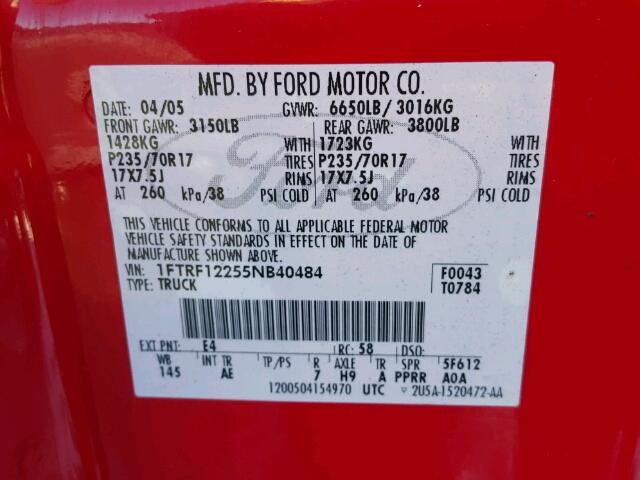 1FTRF12255NB40484 - 2005 FORD F150 RED photo 10