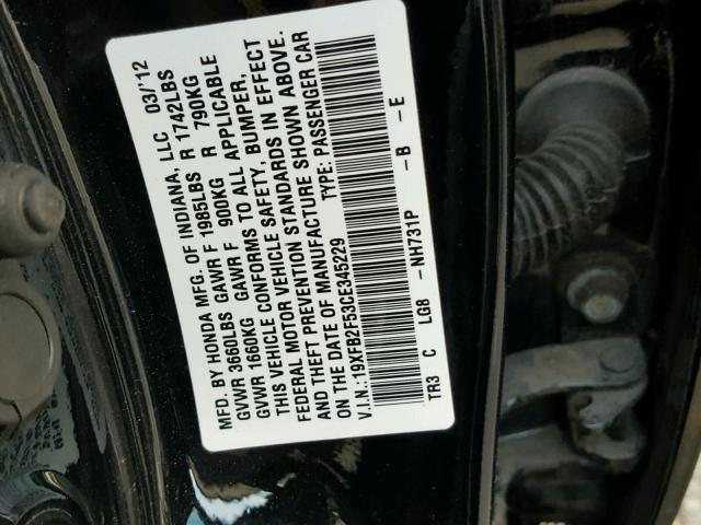 19XFB2F53CE345229 - 2012 HONDA CIVIC LX BLACK photo 10