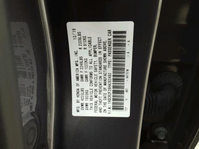 1HGCR2F39HA093480 - 2017 HONDA ACCORD LX SILVER photo 10