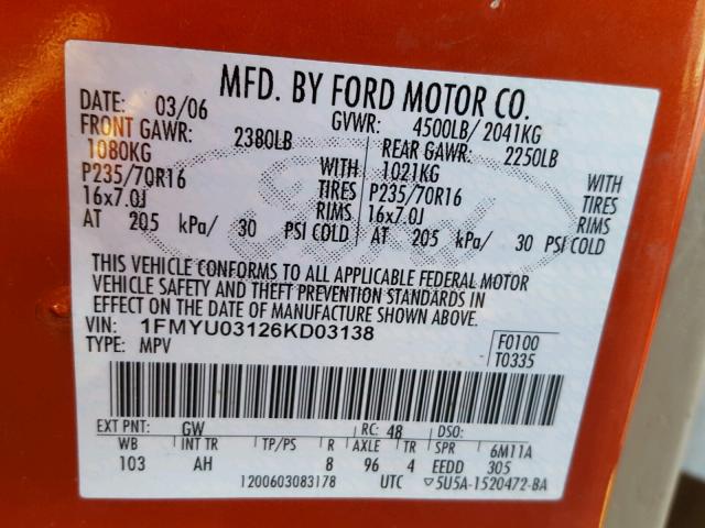 1FMYU03126KD03138 - 2006 FORD ESCAPE XLT ORANGE photo 10