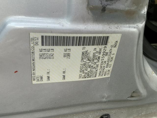 1N4AL2AP3CN559929 - 2012 NISSAN ALTIMA BAS SILVER photo 10