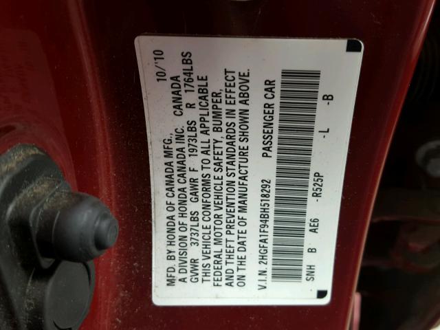 2HGFA1F94BH518292 - 2011 HONDA CIVIC EXL 红色 照片 10