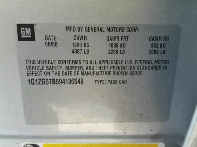 1G1ZG57B594136548 - 2009 CHEVROLET MALIBU LS SILVER photo 10