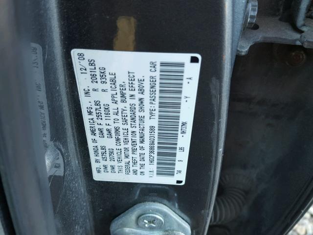 1HGCP36869A031589 - 2009 HONDA ACCORD EXL GRAY photo 10