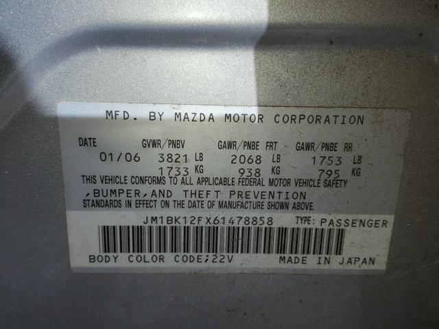 JM1BK12FX61478858 - 2006 MAZDA 3 I SILVER photo 10