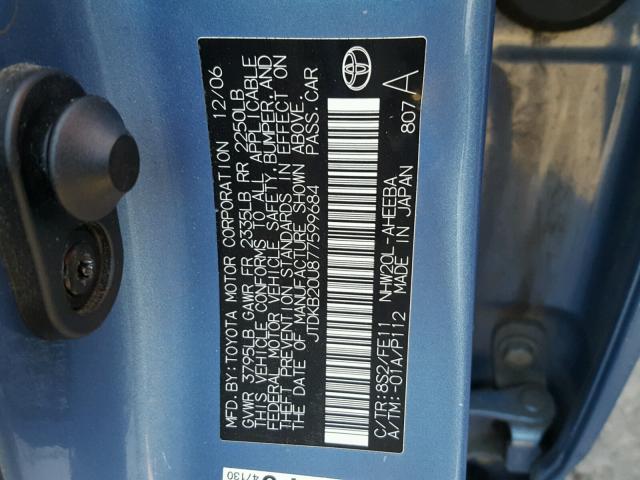 JTDKB20U877599684 - 2007 TOYOTA PRIUS BLUE photo 10