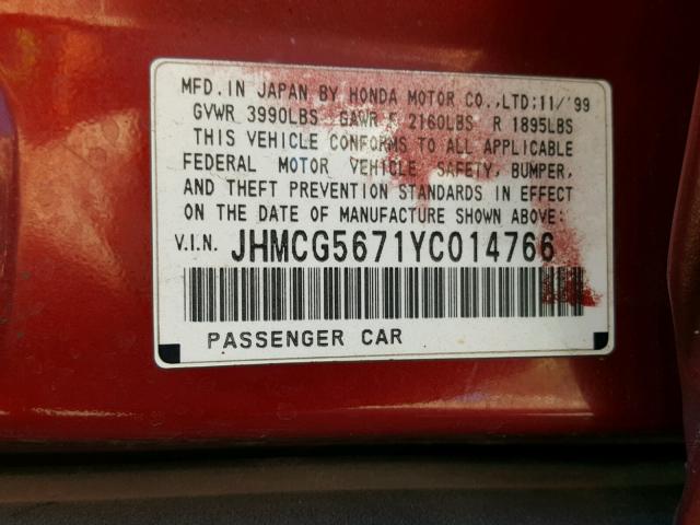 JHMCG5671YC014766 - 2000 HONDA ACCORD SE RED photo 10