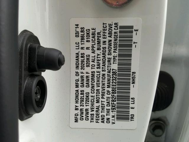 19XFB2F88EE232387 - 2014 HONDA CIVIC EX თეთრი ფოტო 10