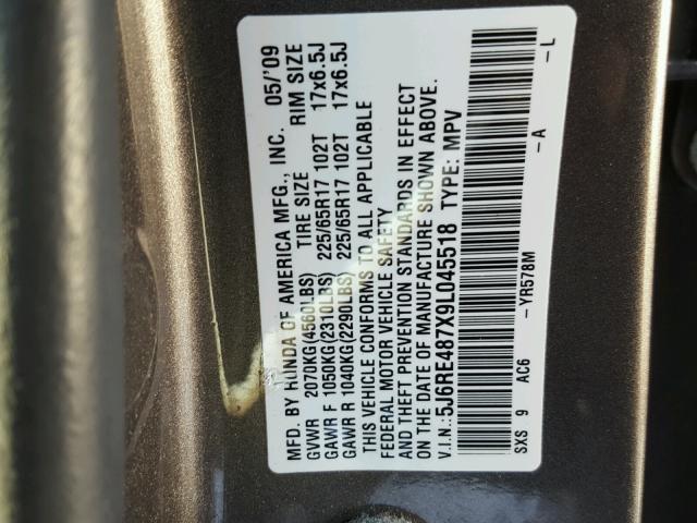 5J6RE487X9L045518 - 2009 HONDA CR-V EXL BROWN photo 10