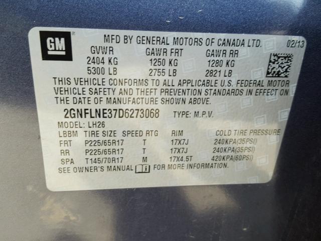 2GNFLNE37D6273068 - 2013 CHEVROLET EQUINOX LT BLUE photo 10