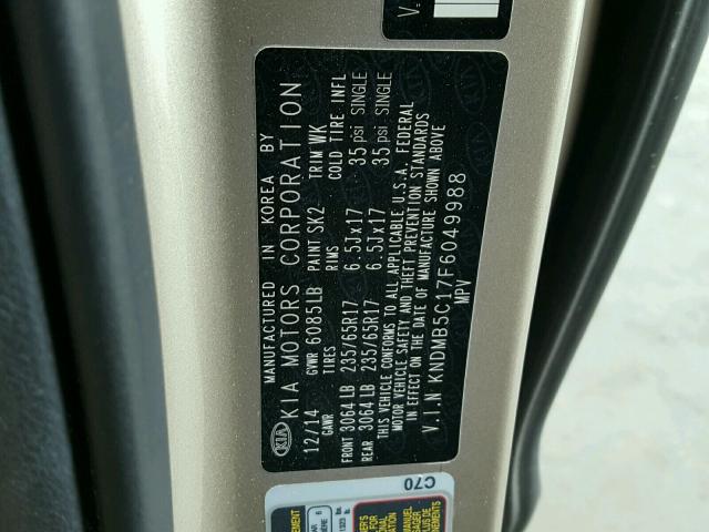 KNDMB5C17F6049988 - 2015 KIA SEDONA LX TAN photo 10