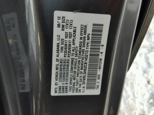 5FNRL5H62CB145213 - 2012 HONDA ODYSSEY EX GRAY photo 10