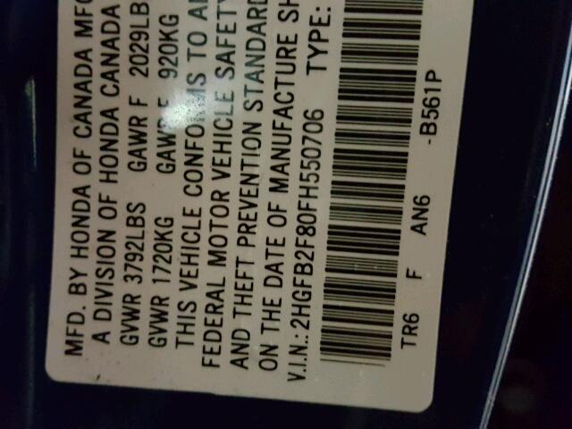 2HGFB2F80FH550706 - 2015 HONDA CIVIC EX Mavi foto 10