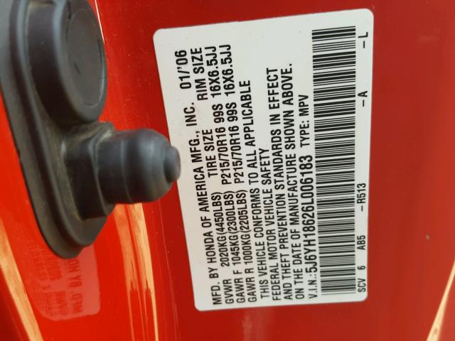 5J6YH18626L006183 - 2006 HONDA ELEMENT EX RED photo 10