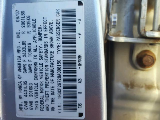 1HGCP26728A008150 - 2008 HONDA ACCORD EX SILVER photo 10