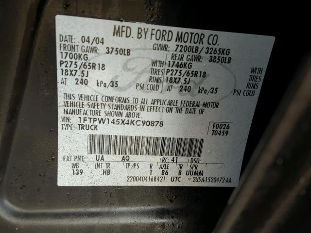 1FTPW145X4KC90878 - 2004 FORD F150 SUPER BLACK photo 10