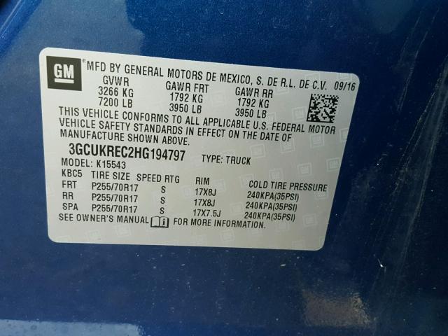 3GCUKREC2HG194797 - 2017 CHEVROLET SILVERADO BLUE photo 10