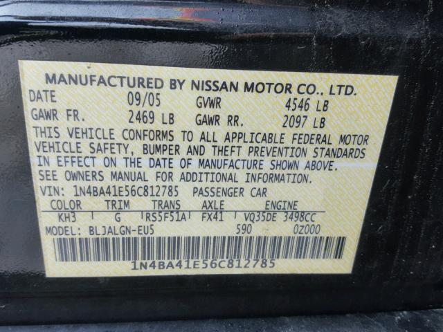 1N4BA41E56C812785 - 2006 NISSAN MAXIMA SE BLACK photo 10