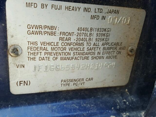 JF1GG65542H814924 - 2002 SUBARU IMPREZA TS BLUE photo 10