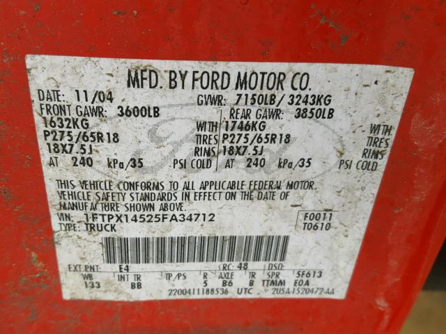 1FTPX14525FA34712 - 2005 FORD F150 RED photo 10