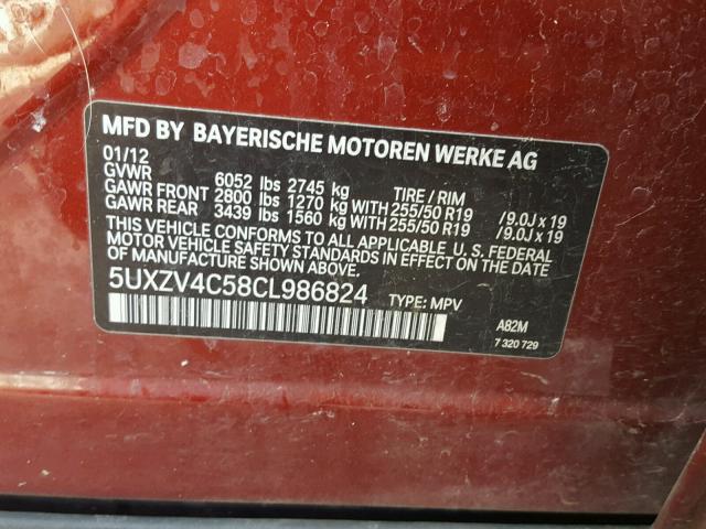 5UXZV4C58CL986824 - 2012 BMW X5 XDRIVE3 მუქწითელი ფოტო 10