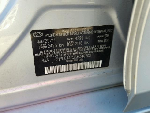 5NPEC4AC3CH340702 - 2012 HYUNDAI SONATA SE SILVER photo 10