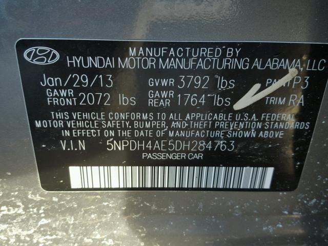 5NPDH4AE5DH284763 - 2013 HYUNDAI ELANTRA GL GRAY photo 10