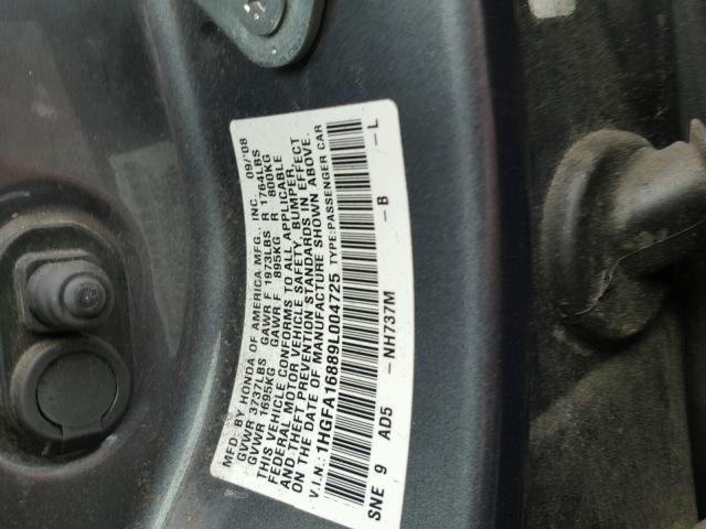 1HGFA16889L004725 - 2009 HONDA CIVIC EX GRAY photo 10