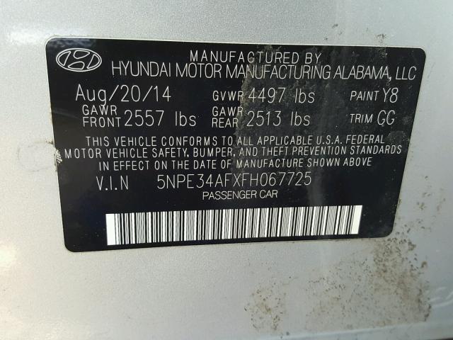 5NPE34AFXFH067725 - 2015 HYUNDAI SONATA SPO SILVER photo 10